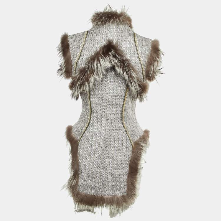 Pre Owned Alexander McQueen Grey Tweed & Fur Trim Sleeveless Asymmetric Hem Vest M