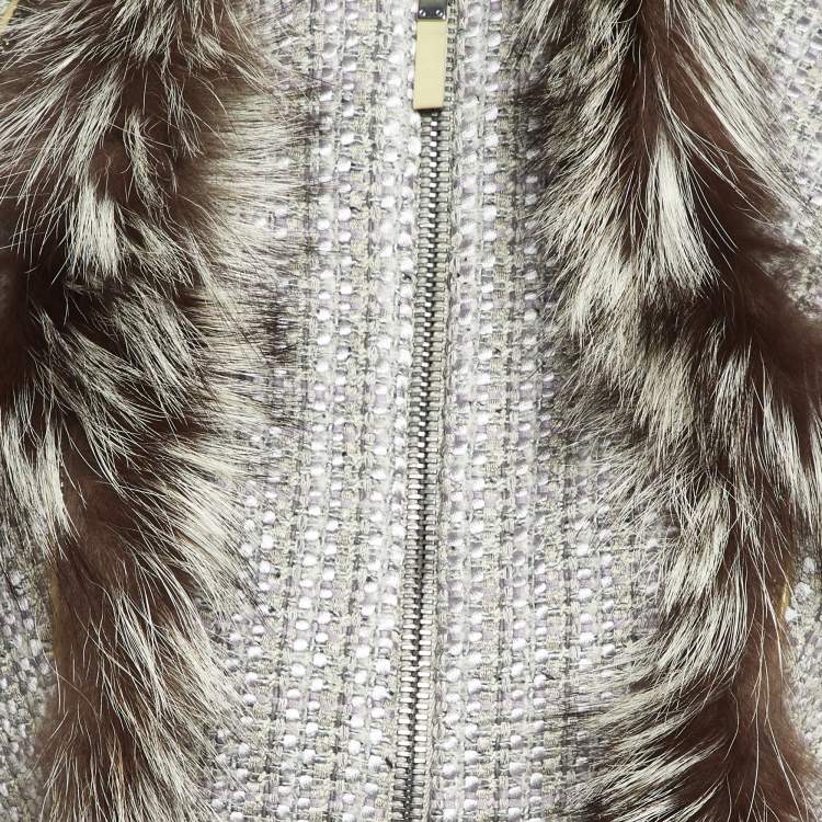 Pre Owned Alexander McQueen Grey Tweed & Fur Trim Sleeveless Asymmetric Hem Vest M