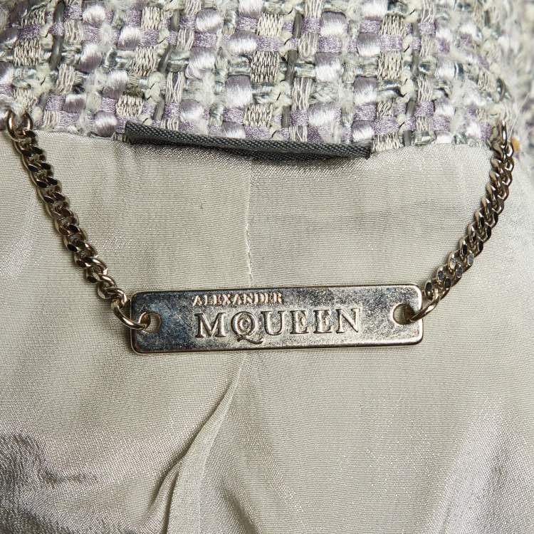 Pre Owned Alexander McQueen Grey Tweed & Fur Trim Sleeveless Asymmetric Hem Vest M