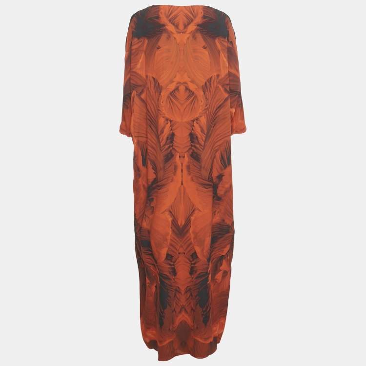 Pre Owned Alexander McQueen Black and Orange Floral Print Silk Maxi Dress M
