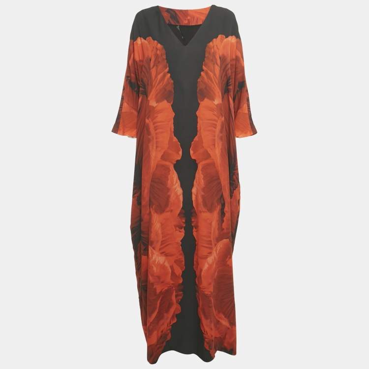 Pre Owned Alexander McQueen Black and Orange Floral Print Silk Maxi Dress M