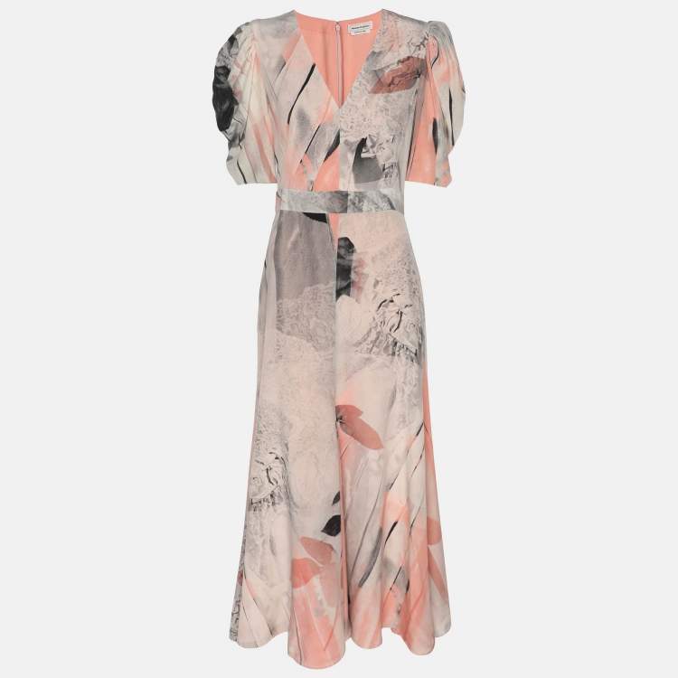 Pre Owned Alexander McQueen Multicolor Trompe L'Oeil Printed Silk Puff-Sleeve Midi Dress S