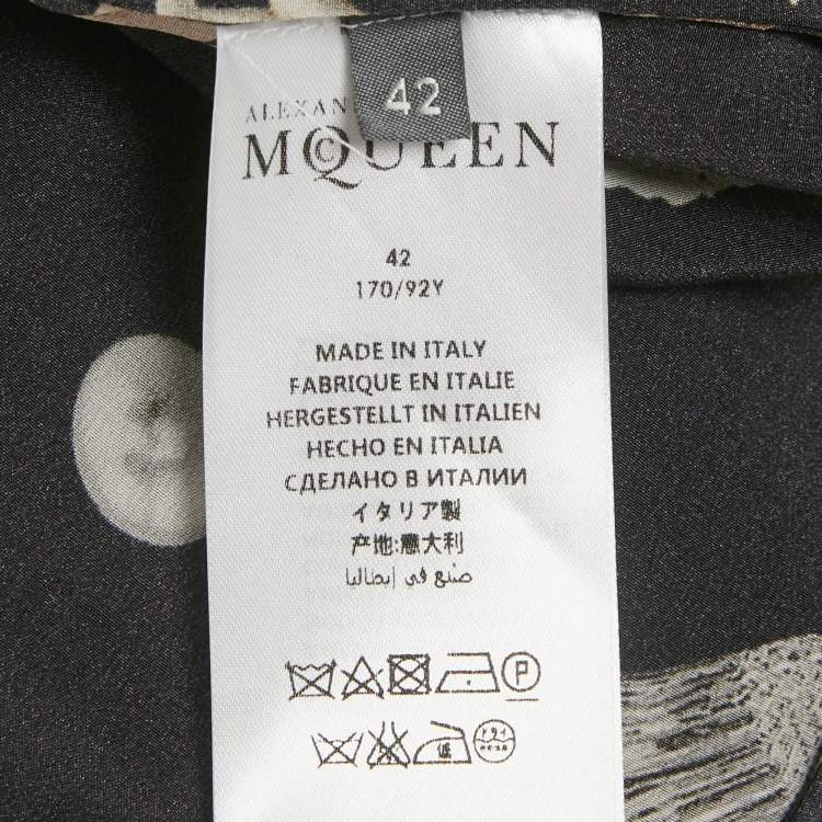 Pre Owned Alexander McQueen Black Printed Silk Tie Up Neck Blouse M