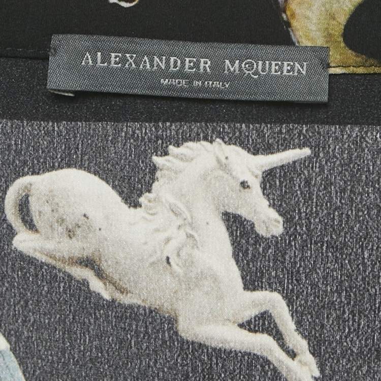Pre Owned Alexander McQueen Black Printed Silk Tie Up Neck Blouse M