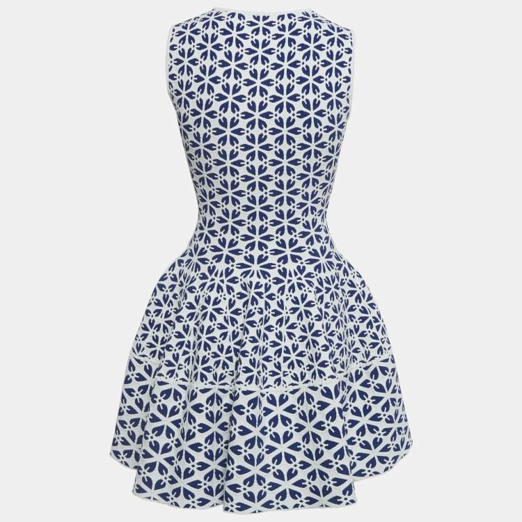 Pre Owned Alexander McQueen White/Blue Floral Pattern Stretch Knit Mini Dress XXS 