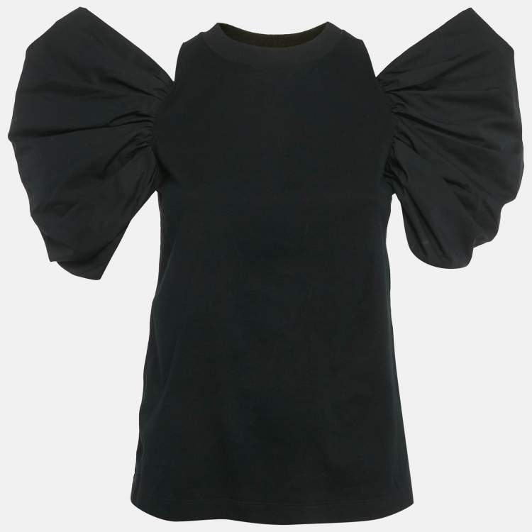 Pre Owned Alexander McQueen Black Cotton Cold Shoulder Gathered Sleeve Top S