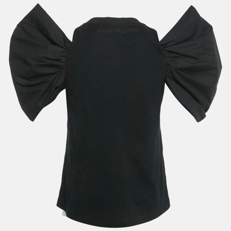 Pre Owned Alexander McQueen Black Cotton Cold Shoulder Gathered Sleeve Top S