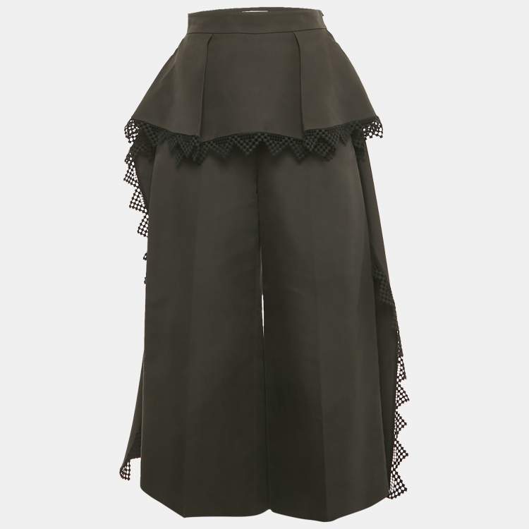 Pre Owned Alexander McQueen Black Cotton and Silk Lace Trim Wide Leg Trousers S