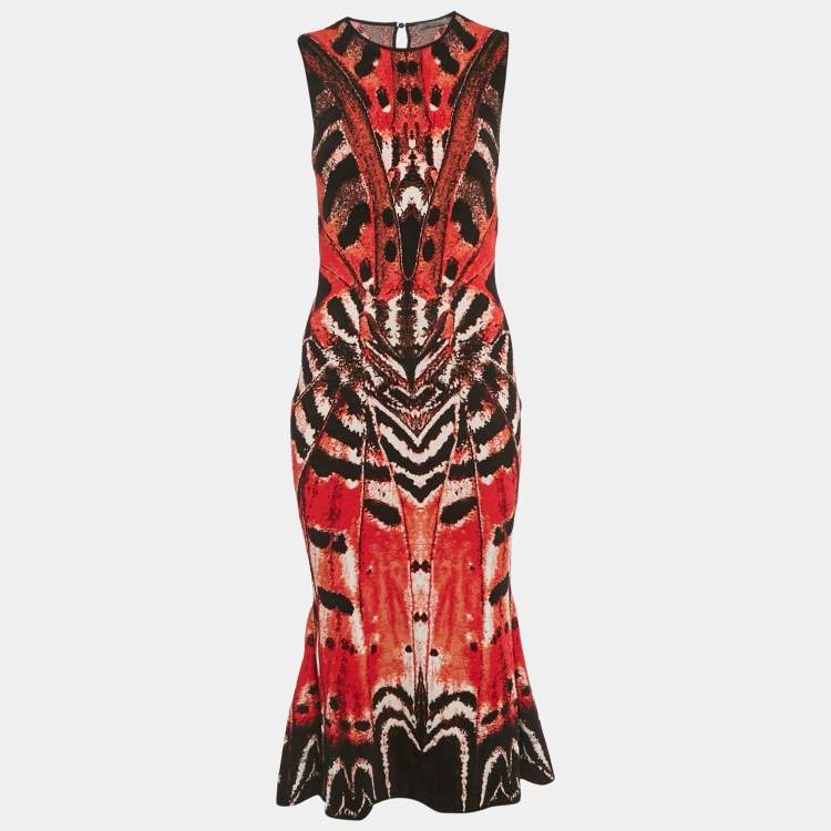 Pre Owned Alexander McQueen Red Abstract Jacquard Knit Sleeveless Flounce Dress S