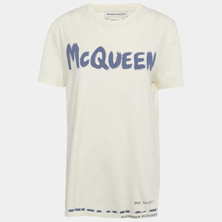Pre Owned Alexander McQueen Cream Logo Print Jersey T-Shirt L
