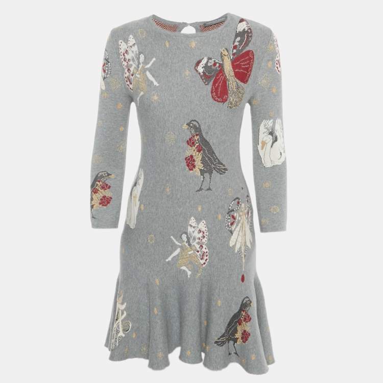 Pre Owned Alexander McQueen Grey Floral Jacquard Knit Mini Dress S