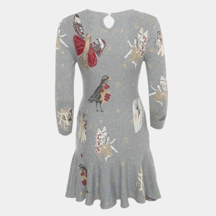 Pre Owned Alexander McQueen Grey Floral Jacquard Knit Mini Dress S