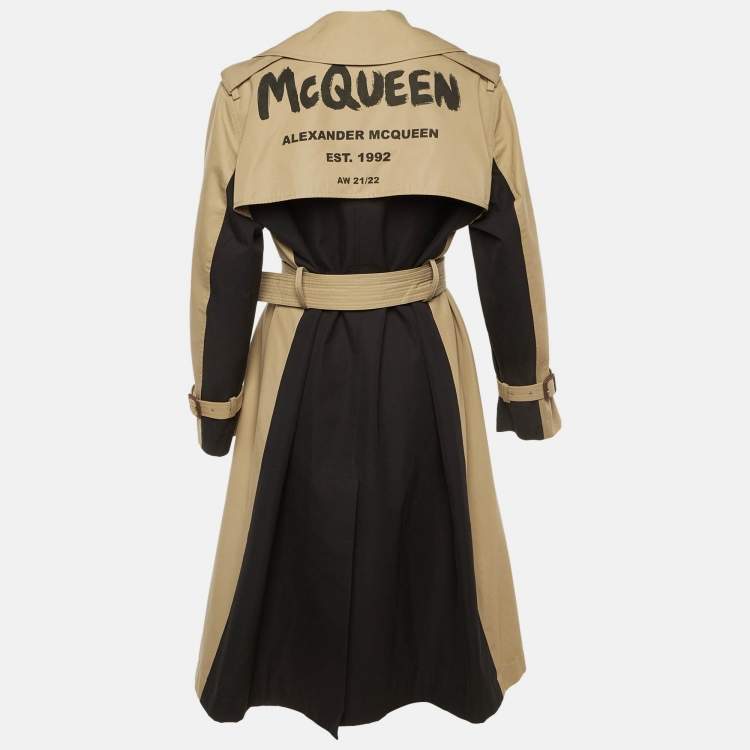 Pre Owned Alexander McQueen Beige Logo Print Cotton Trench Coat S