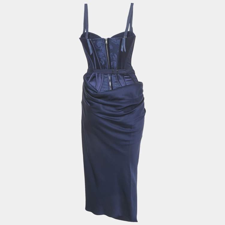 Pre Owned Alexander McQueen Navy Blue Lace & Silk Draped Corset Dress M