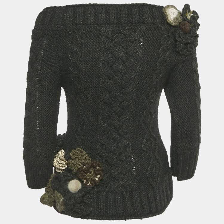 Pre Owned Alexander McQueen Green Floral Applique Cable Knit Sweater S
