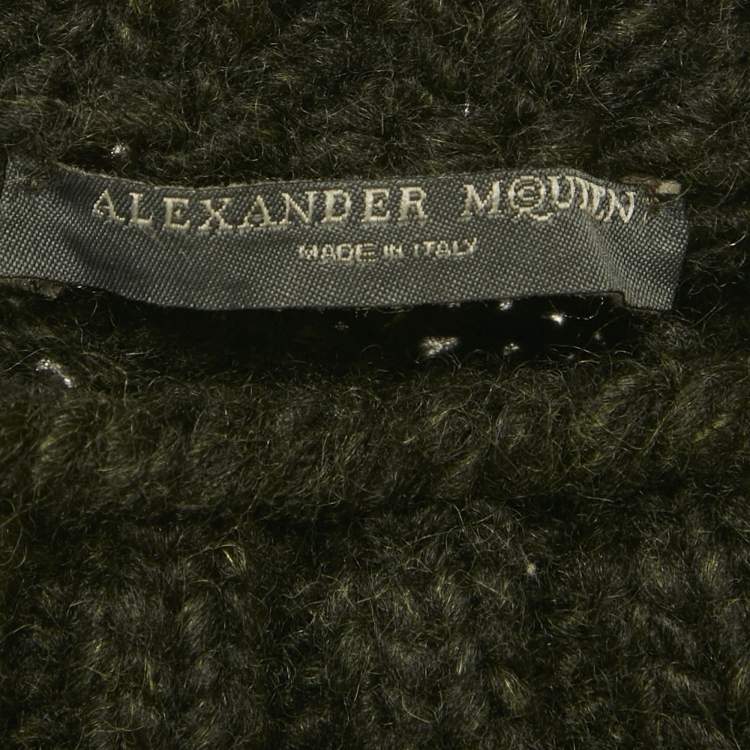 Pre Owned Alexander McQueen Green Floral Applique Cable Knit Sweater S