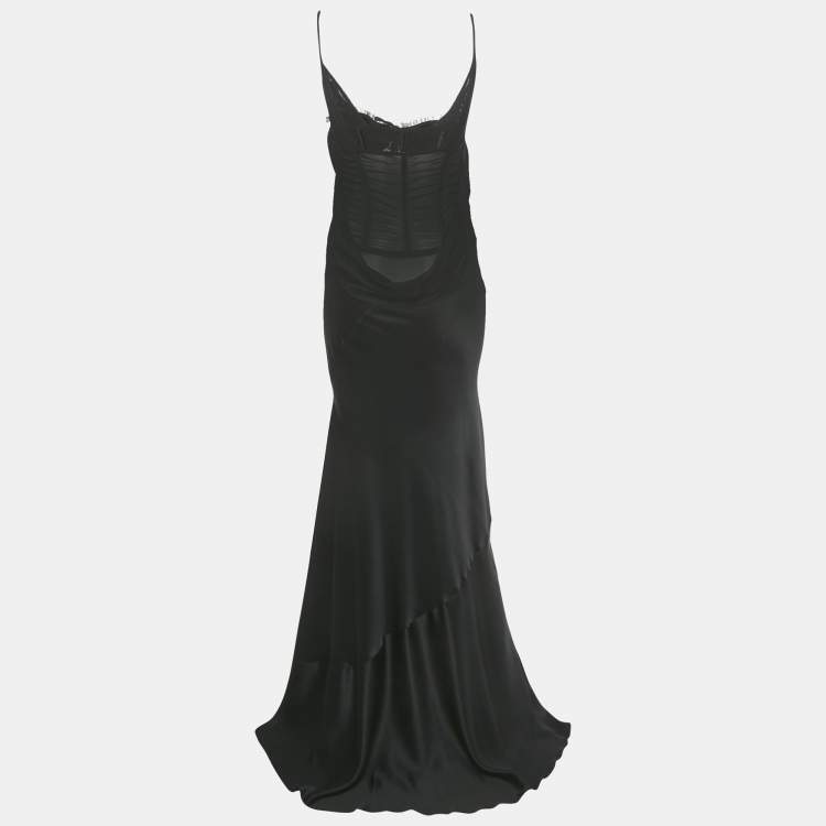 Pre Owned Alexander McQueen Black Silk & Mesh Bias Cut Corset Maxi Dress S