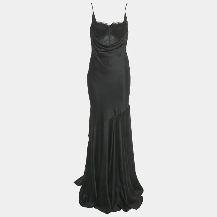 Pre Owned Alexander McQueen Black Silk & Mesh Bias Cut Corset Maxi Dress S