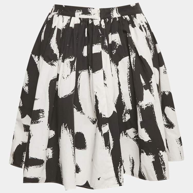 Pre Owned Alexander McQueen Black/White Abstract Print Cotton Pleated Short Skirt M