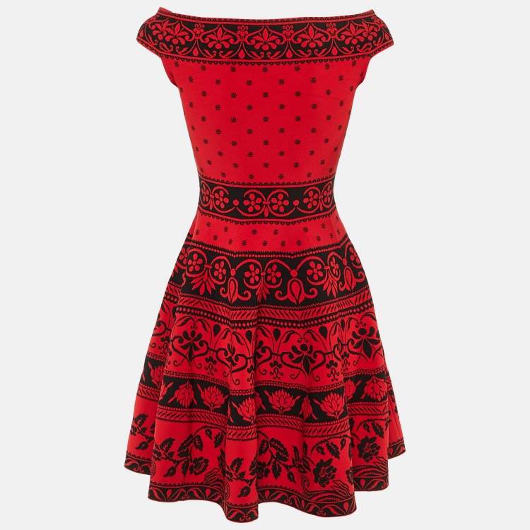 Pre Owned Alexander McQueen Red Floral Jacquard Knit Mini Dress S