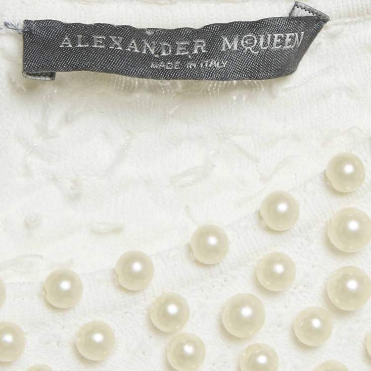 Pre Owned Alexander McQueen White Pearl Embellished Knit Mini Dress S