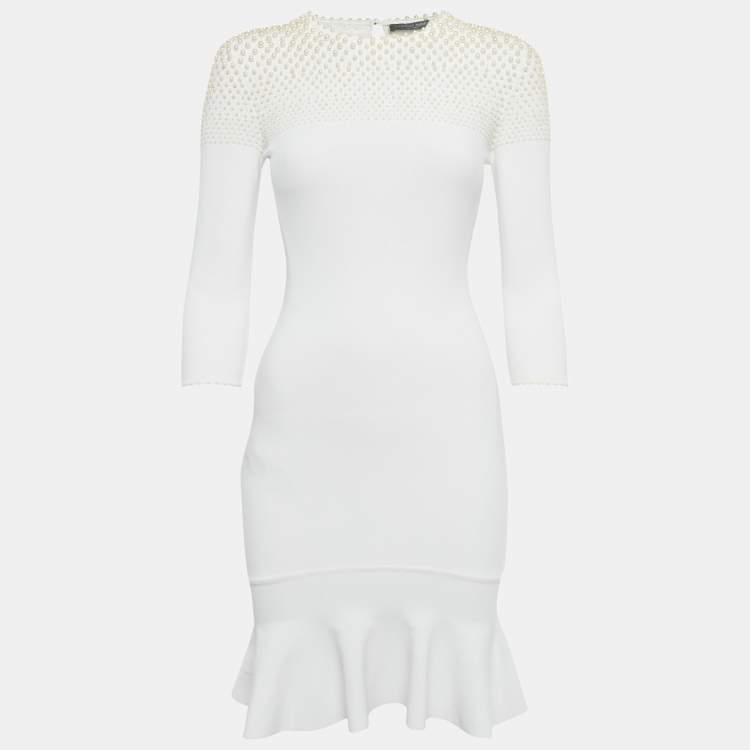 Pre Owned Alexander McQueen White Pearl Embellished Knit Mini Dress S