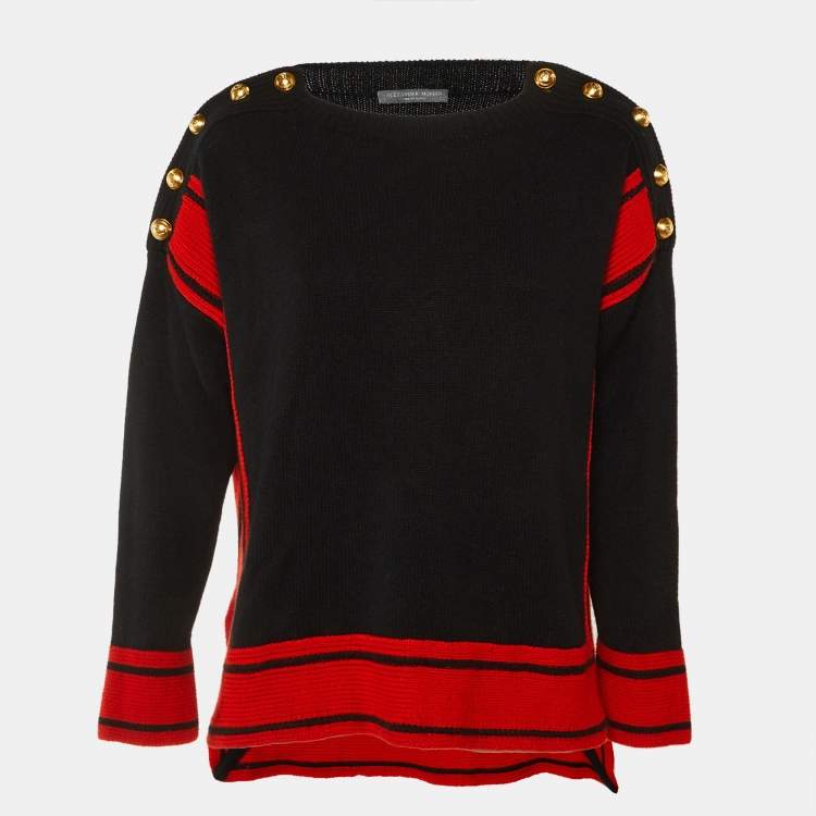 Pre Owned Alexander McQueen Black/Red Cashmere Button Detail Sweater XS 