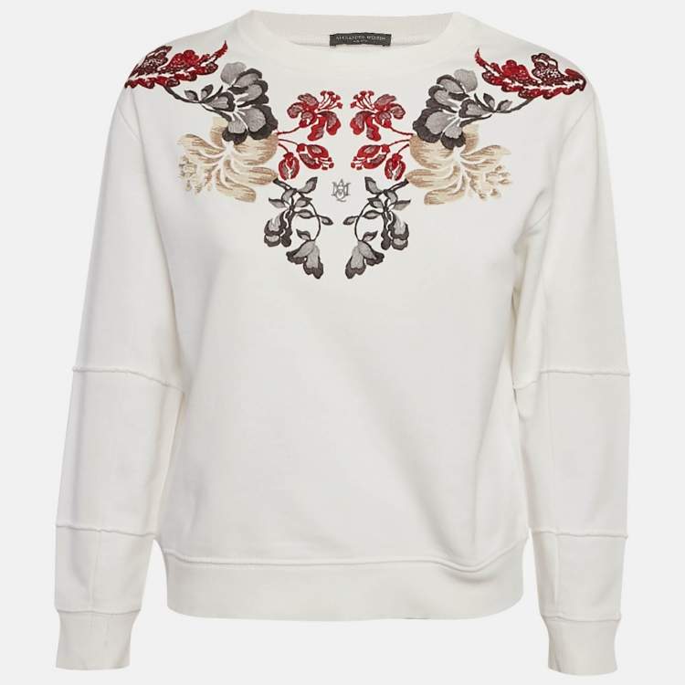 Pre Owned Alexander McQueen White Floral Embroidered Cotton Sweatshirt S