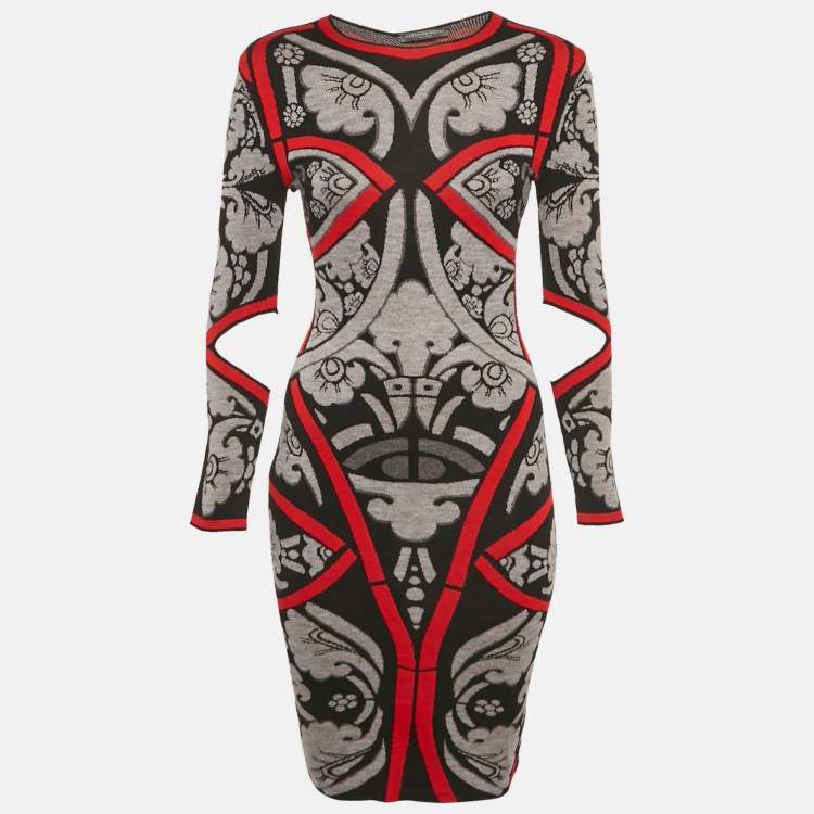 Pre Owned Alexander McQueen Black/Multicolor Jacquard Wool Knit Bodycon Dress XS