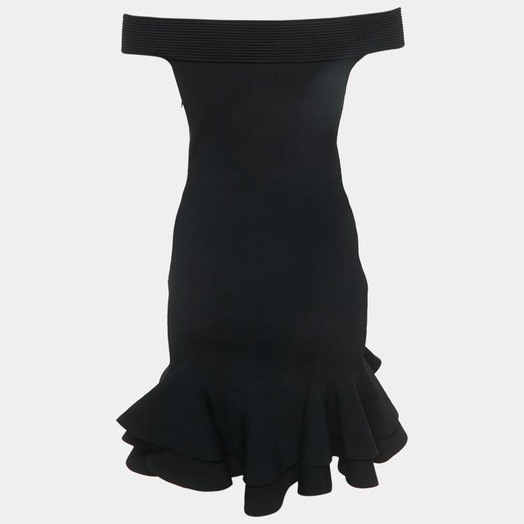 مملوكة مسبقًا Alexander McQueen Black Rib Knit Off Shoulder Ruffled Mini Dress M