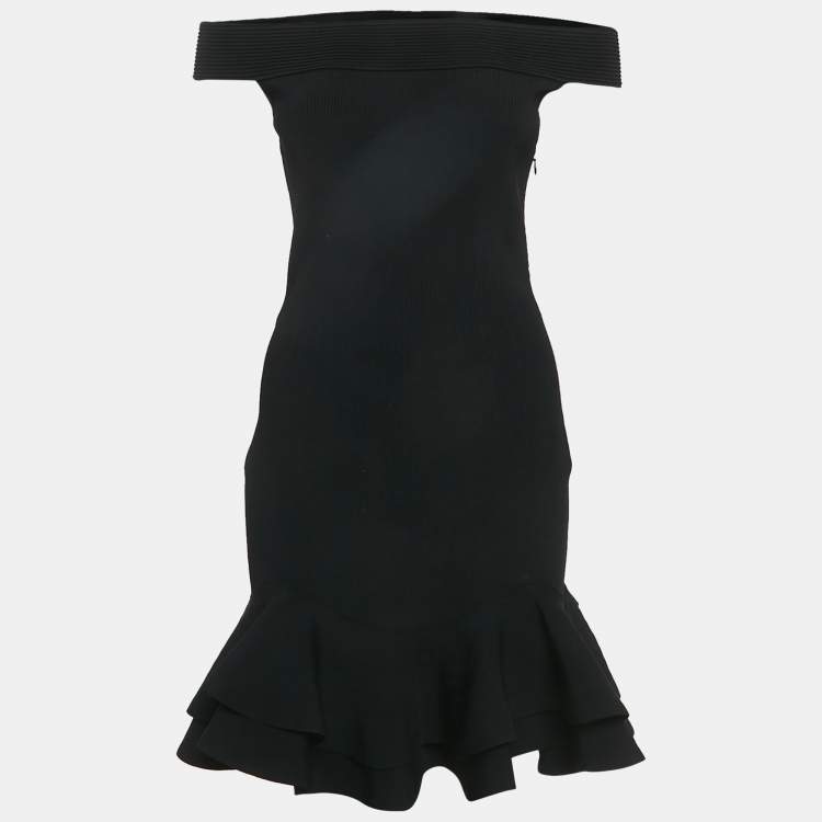 مملوكة مسبقًا Alexander McQueen Black Rib Knit Off Shoulder Ruffled Mini Dress M