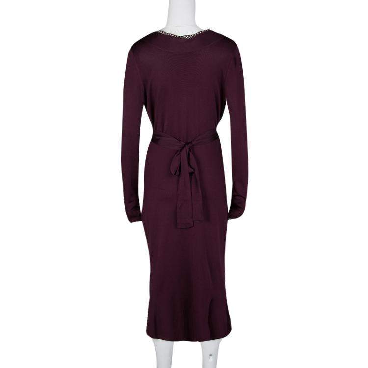Pre Owned Alexander McQueen Burgundy Rib Knit Dotted Trim Long Sleeve Dress L