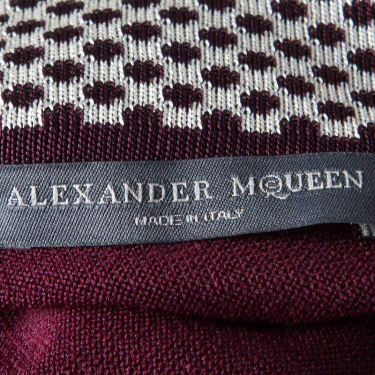 Pre Owned Alexander McQueen Burgundy Rib Knit Dotted Trim Long Sleeve Dress L