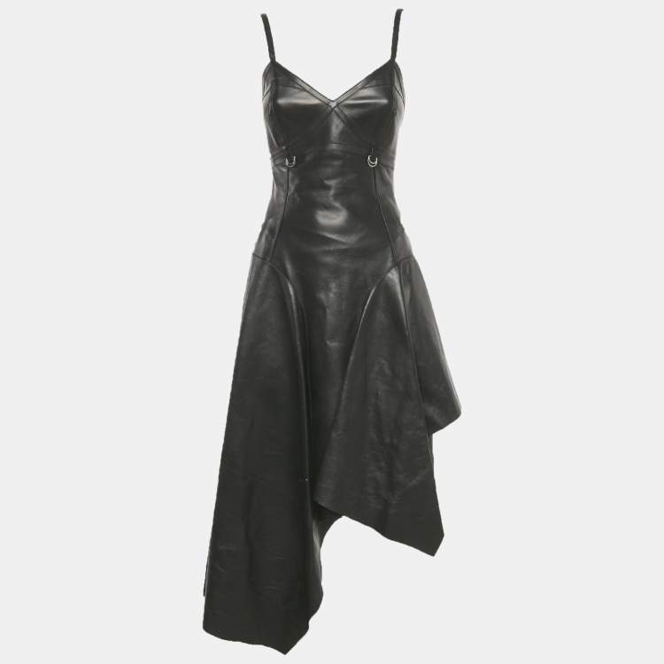 Pre Owned Alexander McQueen Black Leather Asymmetric Midi Dress S