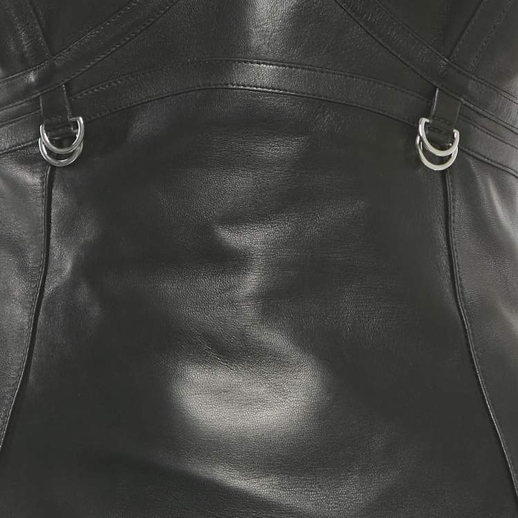 Pre Owned Alexander McQueen Black Leather Asymmetric Midi Dress S