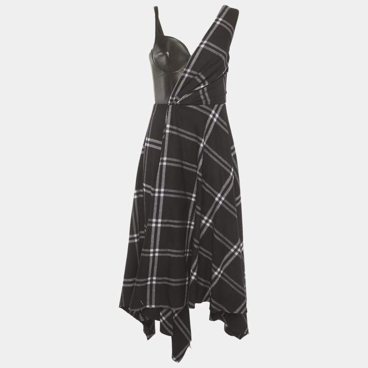 Pre Owned Alexander McQueen Black Check Pattern Wool Leather Corset Midi Dresses M