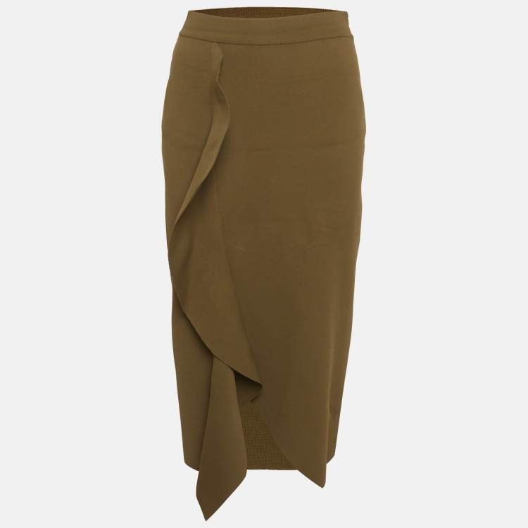 Pre Owned Alexander McQueen Green Stretch Knit Asymmetric Ruffle Midi Skirt M
