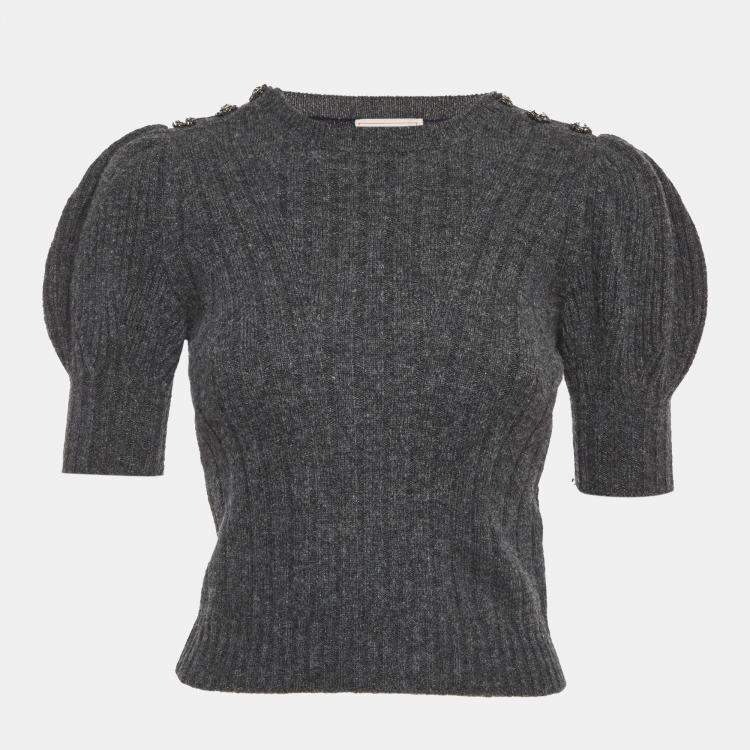 Pre Owned Alexander McQueen Grey Textured Wool Fitted Top XS