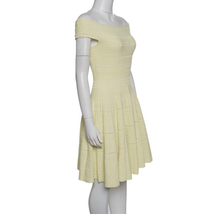 Pre Owned Alexander McQueen Yellow Stretch Perforated Knit Fit and Flare Dress M