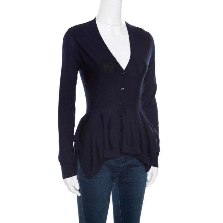 مملوكة مسبقًا Alexander McQueen Navy Blue Wool Asymmetric Cardigan S