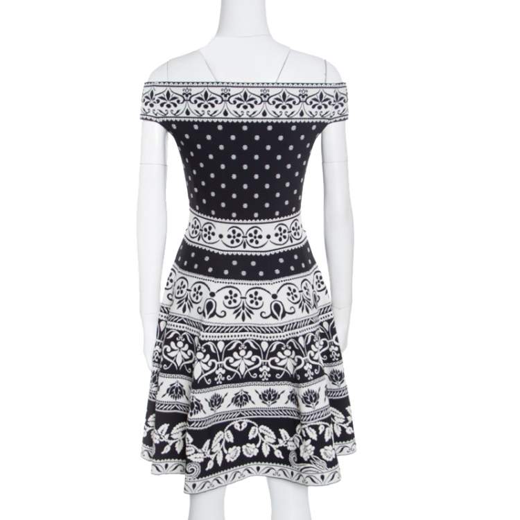 Pre Owned Alexander McQueen Monochrome Floral Jacquard Knit Off Shoulder Dress M