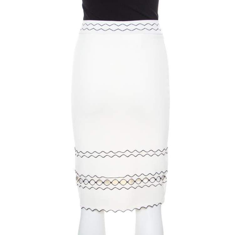 Pre Owned Alexander McQueen Ivory Rib Knit Contrast Cut Out Hem Detail Pencil Skirt S