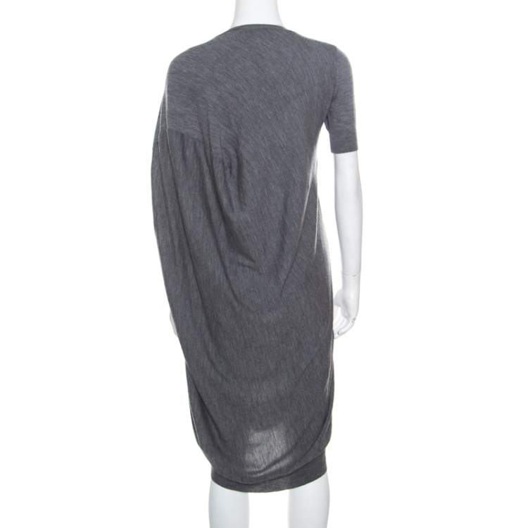 Pre Owned Alexander McQueen Grey Melange Wool Asymmetric Sleeve Oversized Shift Dress S