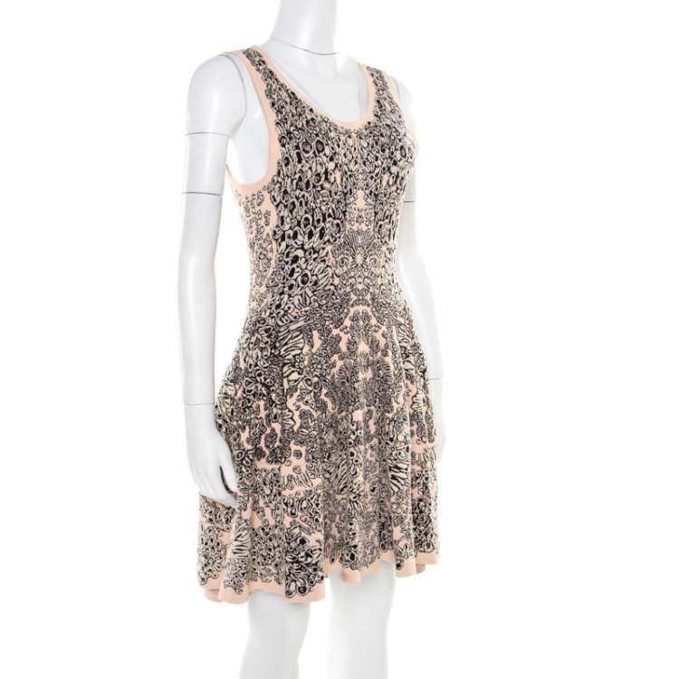 Pre Owned Alexander McQueen Bicolor Jacquard Knit Sleeveless Fit and Flare Dress M