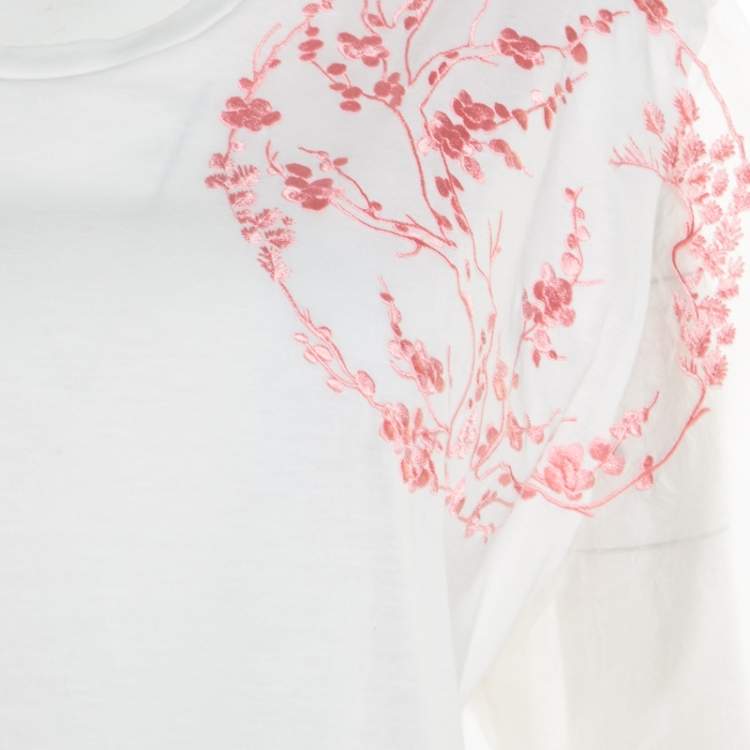 Pre Owned Alexander McQueen White Cotton Floral Embroidered Silk Sleeve Detail Oversized T-Shirt S