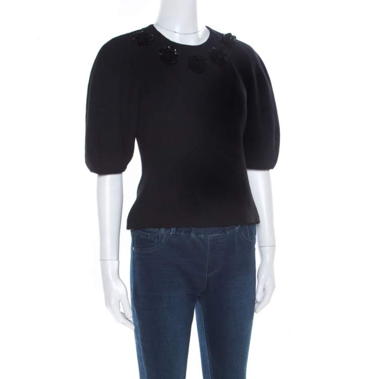 Pre Owned Alexander McQueen Black Floral Embellished Wool Top S