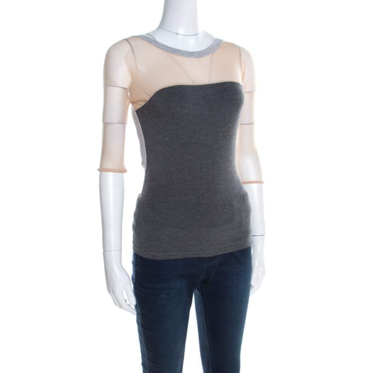 Pre Owned Alexander McQueen Grey Jersey Mesh Insert Cropped T-Shirt M