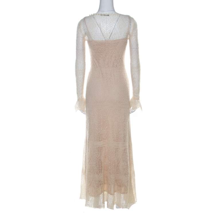 Pre Owned Alexander McQueen Ecru Crochet Knit Wool Lace Shetland Maxi Dress XS