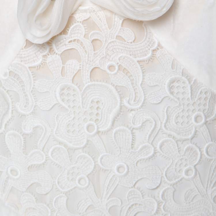 Pre Owned Alexander McQueen Ivory White Velvet & Lace Ruffle Collar Dress M