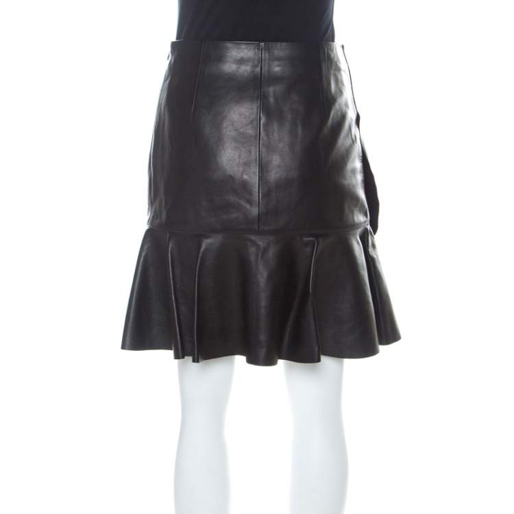 Pre Owned Alexander McQueen Black Leather Asymmetric Ruffle Short Skirt S